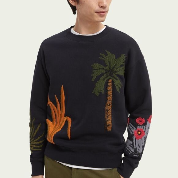 Embroidered Crewneck Sweatshirt Navy Botanicals Palm Tree Men's Medium - Picture 3 of 7